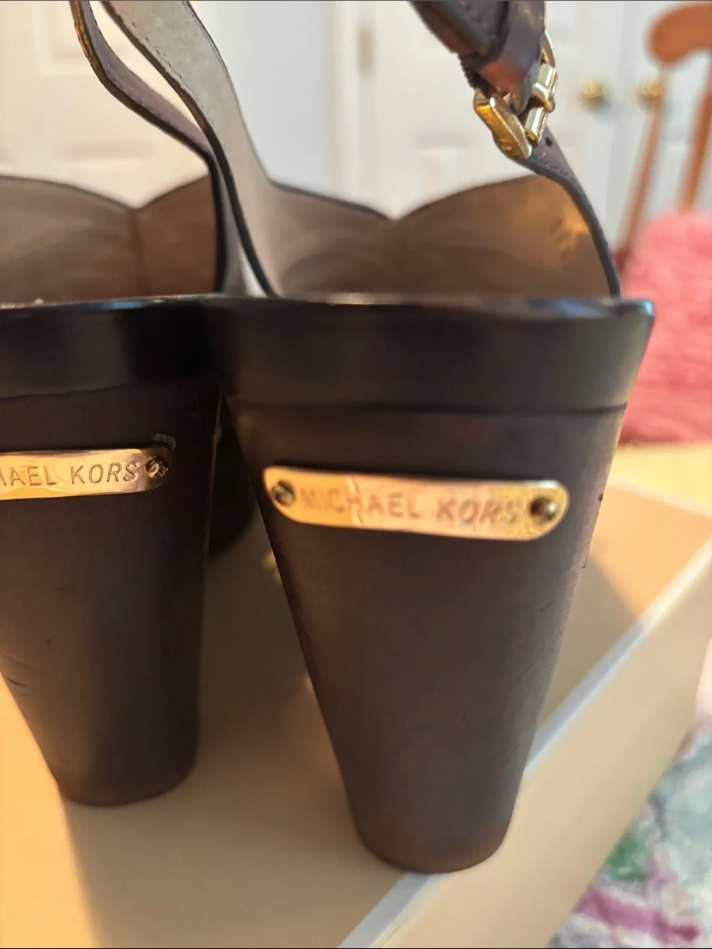 Michael Kors Dark Brown Leather Studded Wedge Sandals—NWOT